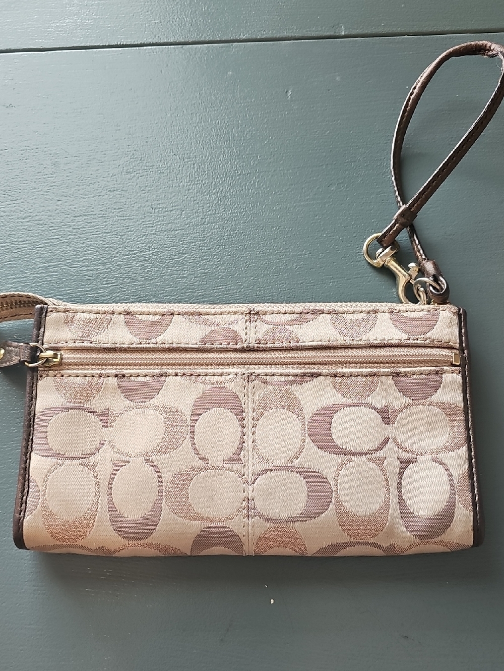 Coach Signature Jacquard Wristlet Womens OS Tan Brown Monogram Canvas Leather